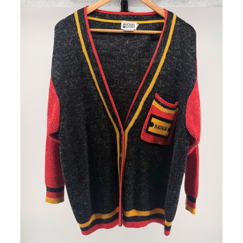 Vintage Michel Sport Cardigan Sweater Black Red Yellow Patch Badge Knit Size S‎